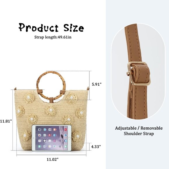 Straw Tote Bag Women Summer Beach Handbag with Pearls and Adjustable Strap - Picture 5 of 7